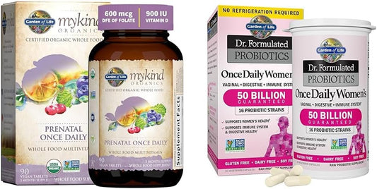 Organic Prenatal Vitamins with Folate for Energy & Fetal Development + Women's Probiotics, 16 Strains, 50 Billion CFU, 30 Capsules