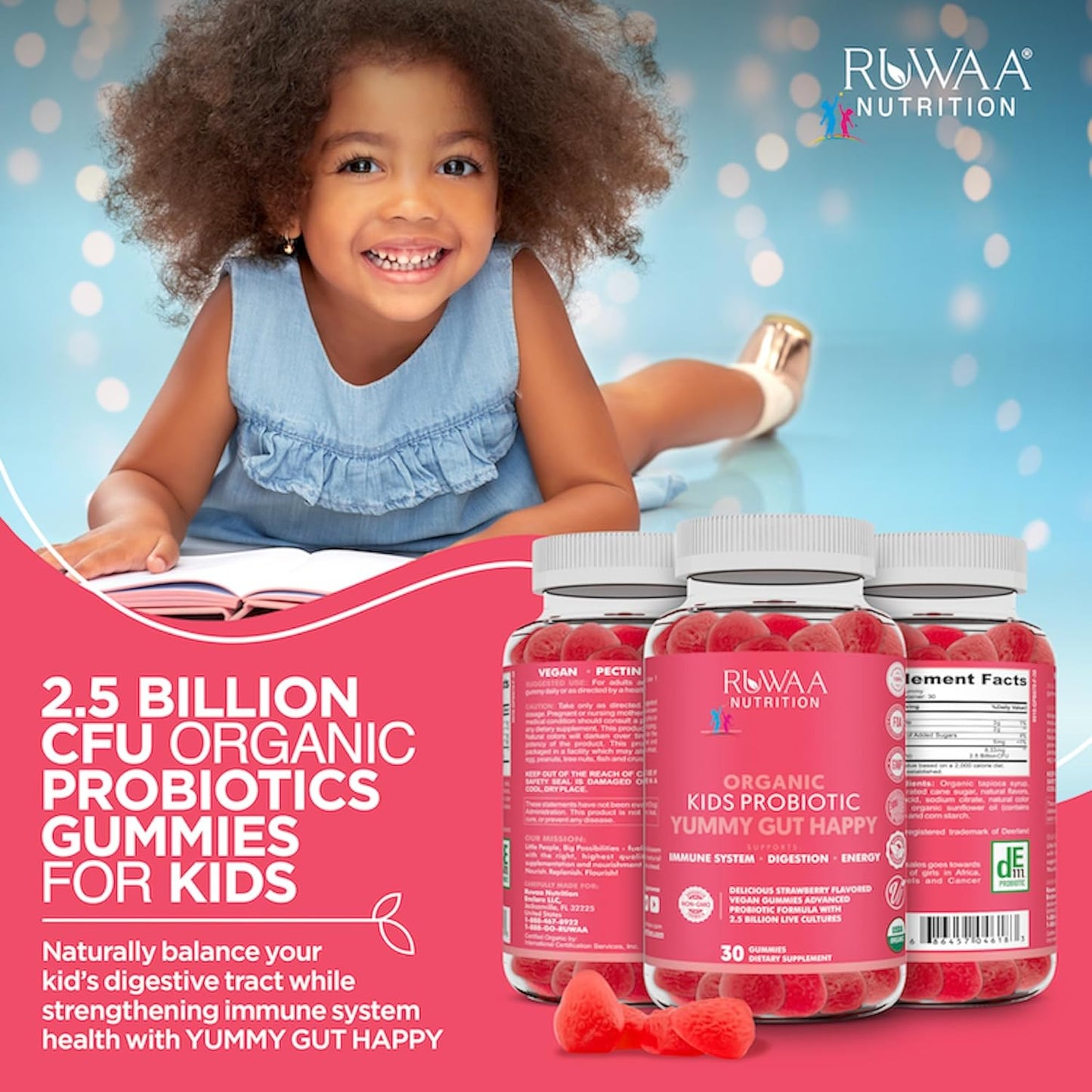 Organic Probiotic Gummies for Kids - Daily Digestive Health Supplement for Children - Vegan Chewable Probiotic Prebiotic Gummies - 120ct