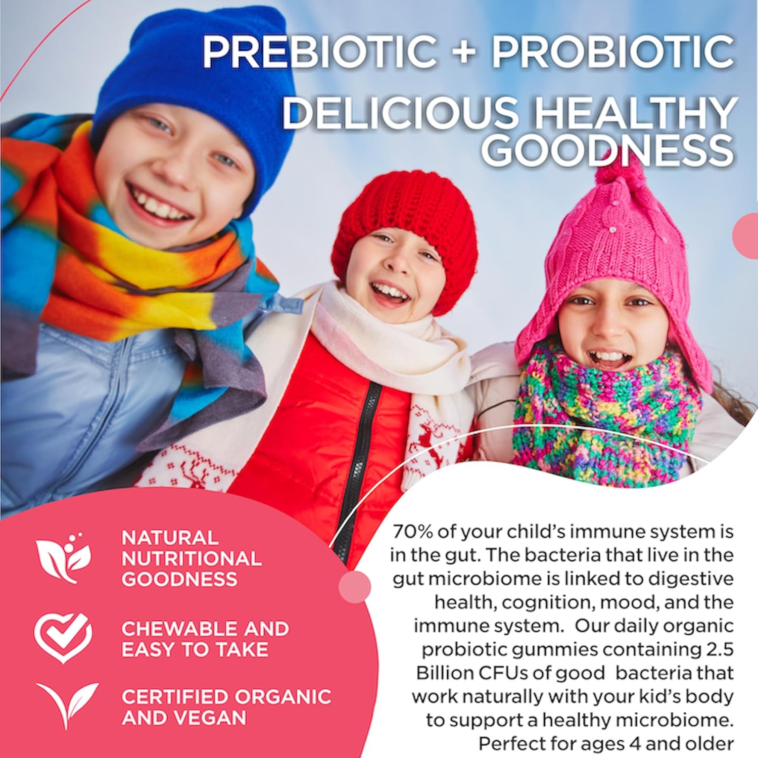 Organic Probiotic Gummies for Kids - Daily Digestive Health Supplement for Children - Vegan Chewable Probiotic Prebiotic Gummies - 120ct