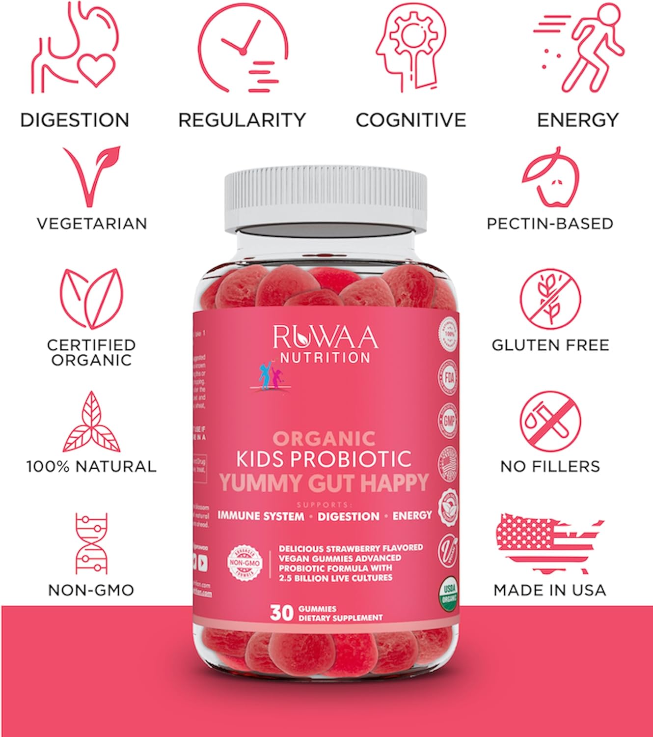 Organic Probiotic Gummies for Kids - Daily Digestive Health Supplement for Children - Vegan Chewable Probiotic Prebiotic Gummies - 120ct