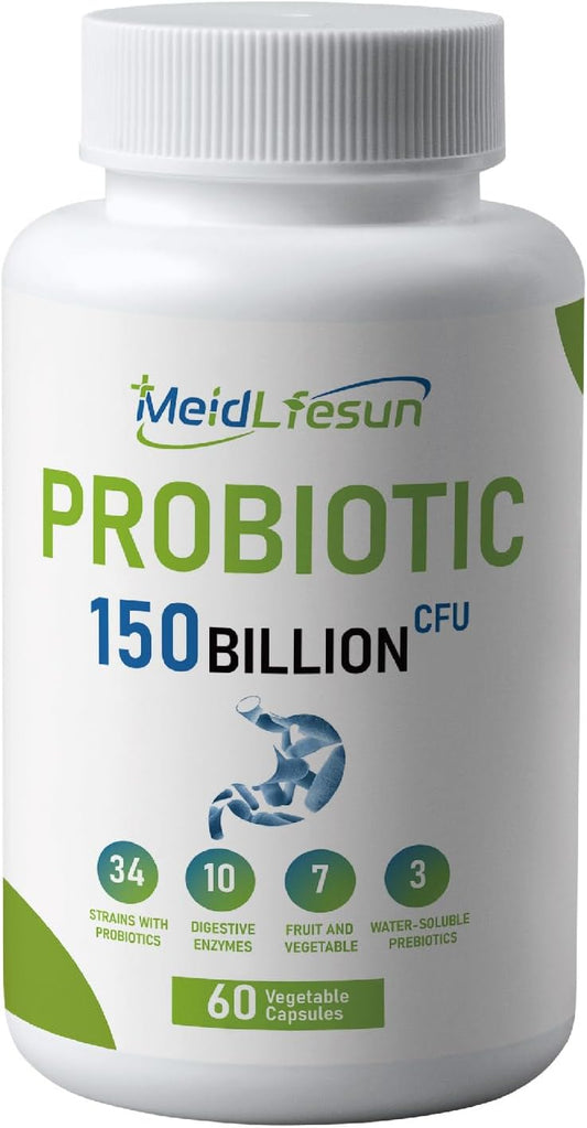 Organic Probiotic & Prebiotic 150 Billion CFU 34 Strains Digestive Enzymes 60 Vegan Capsules