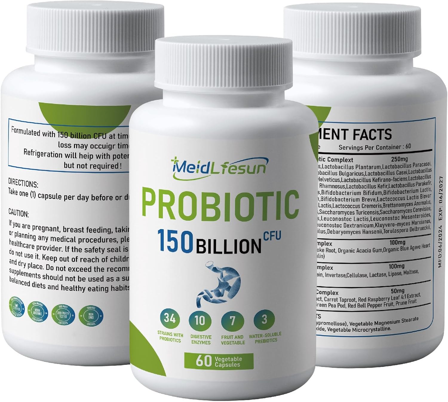Organic Probiotic & Prebiotic 150 Billion CFU 34 Strains Digestive Enzymes 60 Vegan Capsules