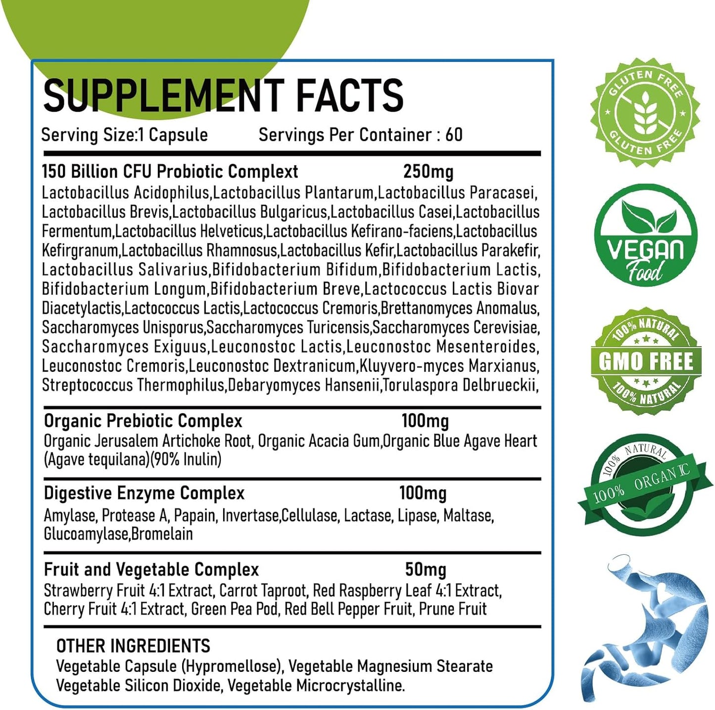 Organic Probiotic & Prebiotic 150 Billion CFU 34 Strains Digestive Enzymes 60 Vegan Capsules