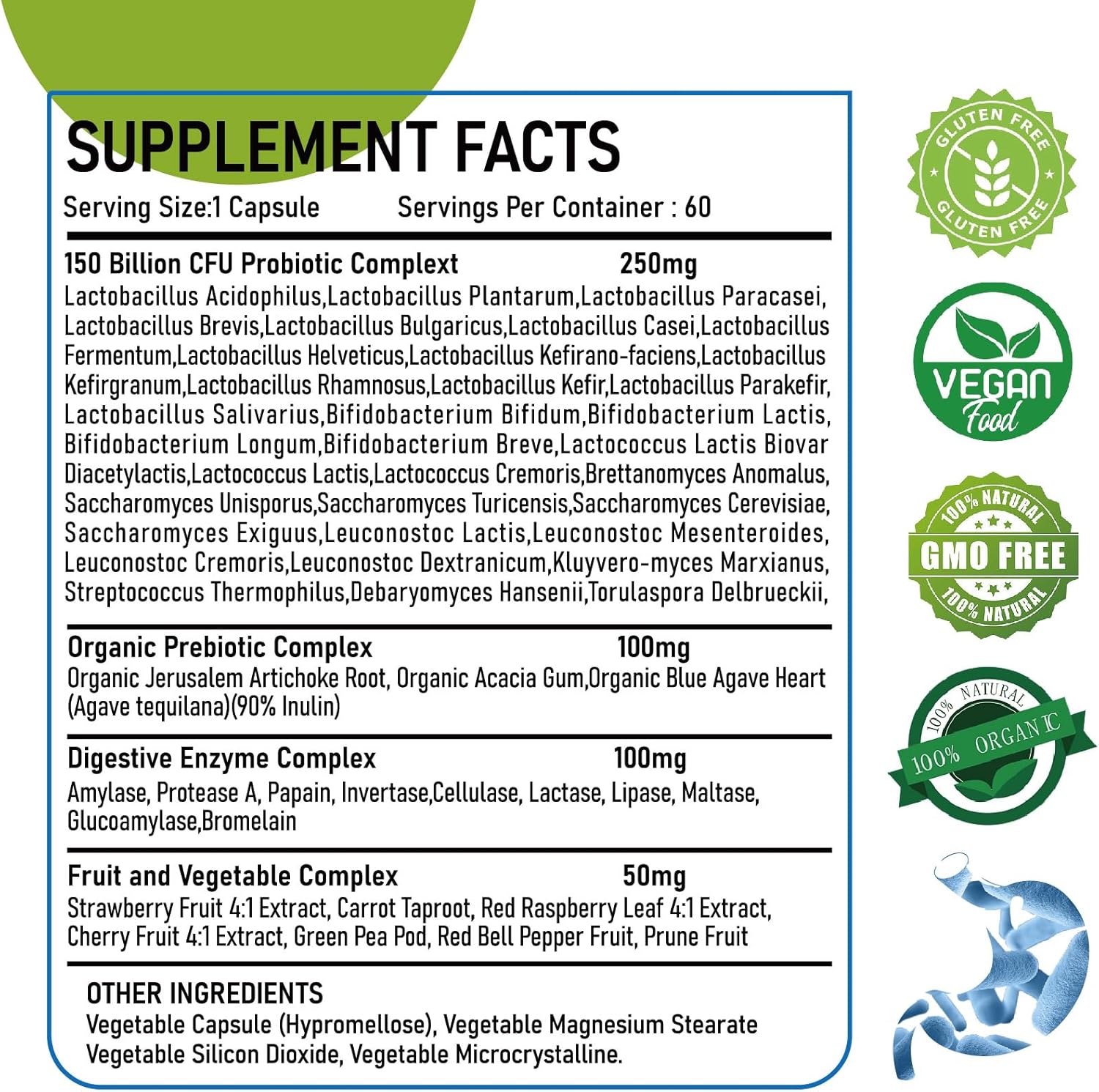 Organic Probiotic & Prebiotic 150 Billion CFU 34 Strains Digestive Enzymes 60 Vegan Capsules
