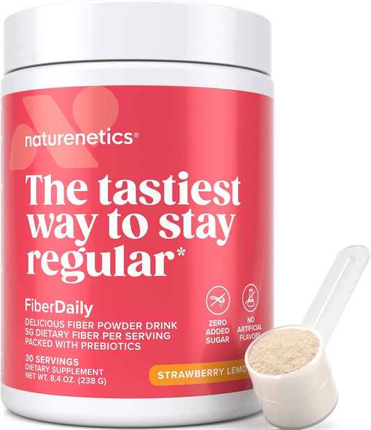 Organic Psyllium Husk Fiber Powder with Agave Inulin & Sunfiber® Guar Gum - Strawberry Lemonade Drink, Sugar-Free, Soluble & Prebiotic Fiber Supplement - Vegan - 1 Month Supply