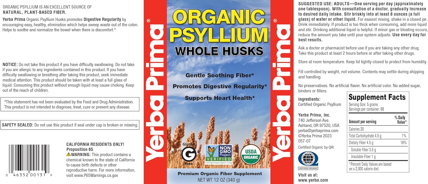 Organic Psyllium Whole Husks by Yerba Prima - 12 oz, Non GMO, Certified Organic Fiber Supplement