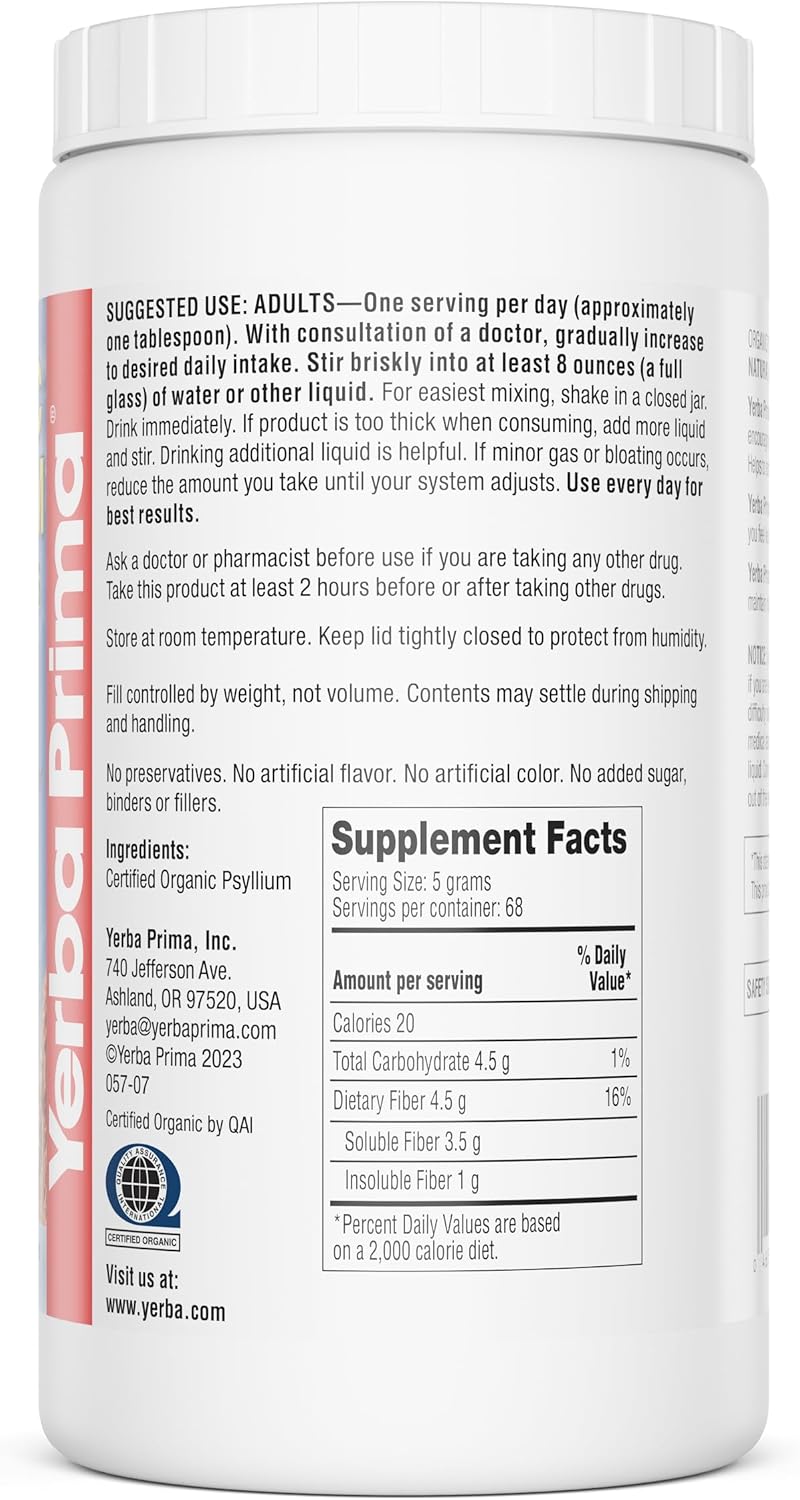 Organic Psyllium Whole Husks by Yerba Prima - 12 oz, Non GMO, Certified Organic Fiber Supplement