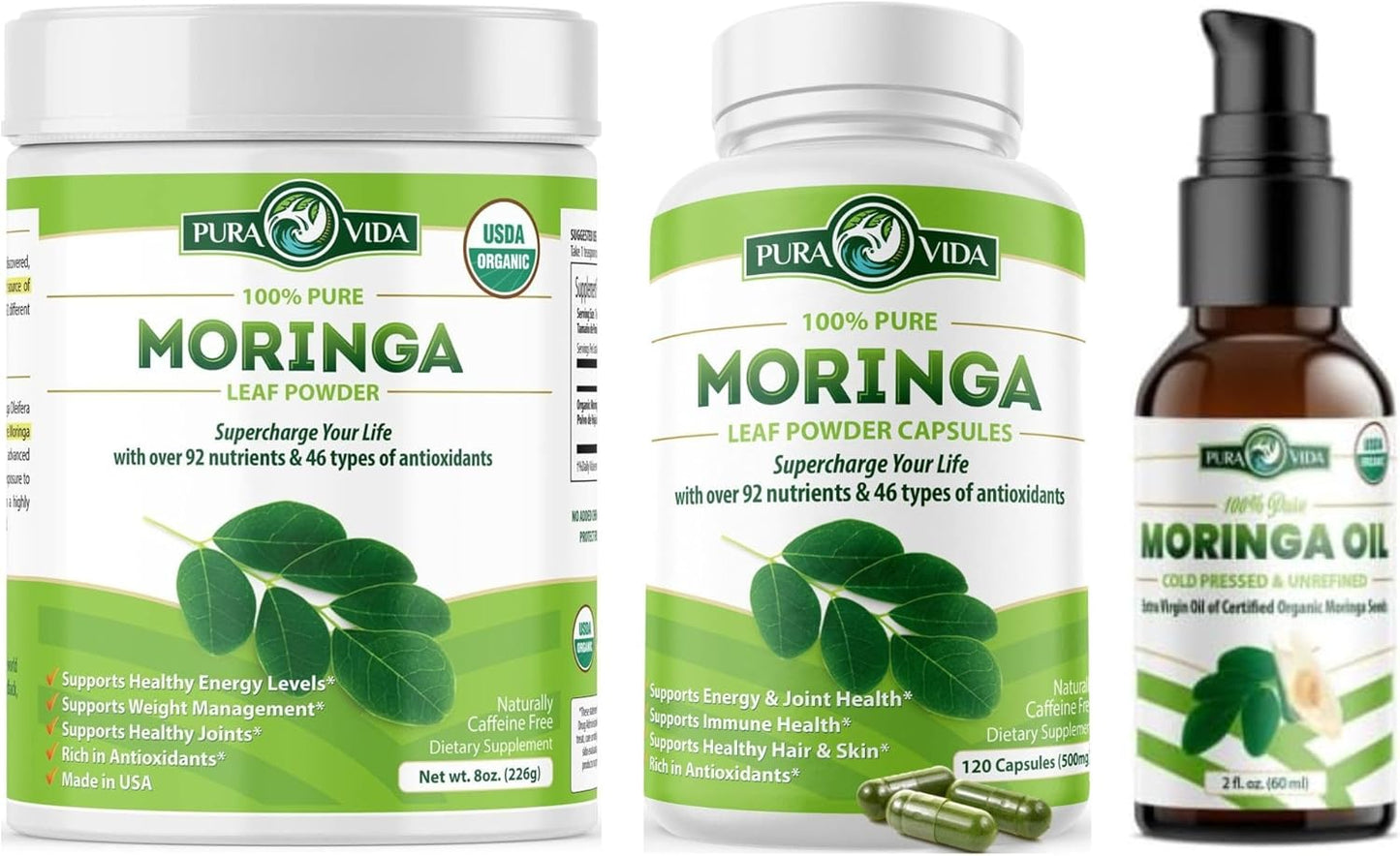 Organic PURA VIDA Moringa Powder Capsules (120 Count) and Oil Set - 8 oz Powder, 2 fl oz Oil