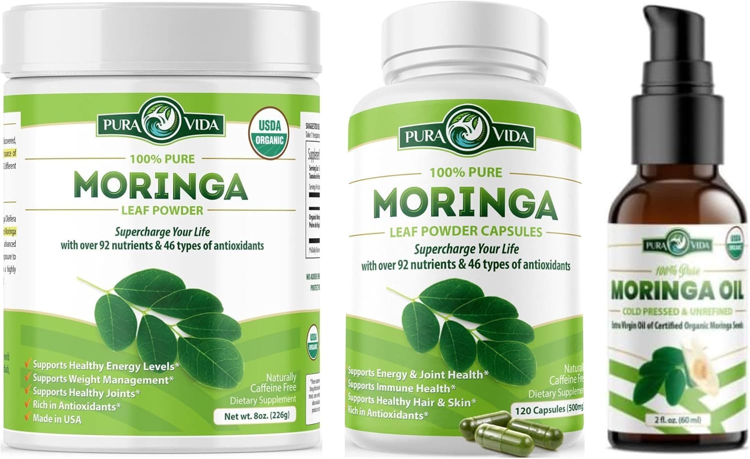 Organic PURA VIDA Moringa Powder Capsules (120 Count) and Oil Set - 8 oz Powder, 2 fl oz Oil