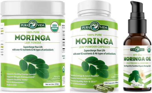 Organic PURA VIDA Moringa Powder Capsules (120 Count) and Oil Set - 8 oz Powder, 2 fl oz Oil