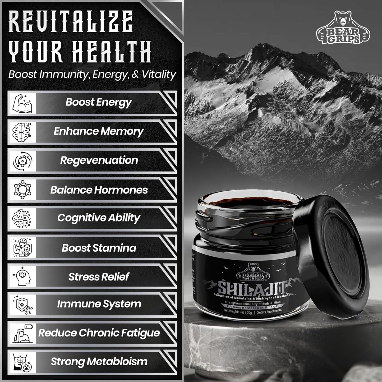 Organic Pure Himalayan Shilajit Supplement with 85+ Trace Minerals - 30g Resin for Men - Boost Metabolism and Immune System