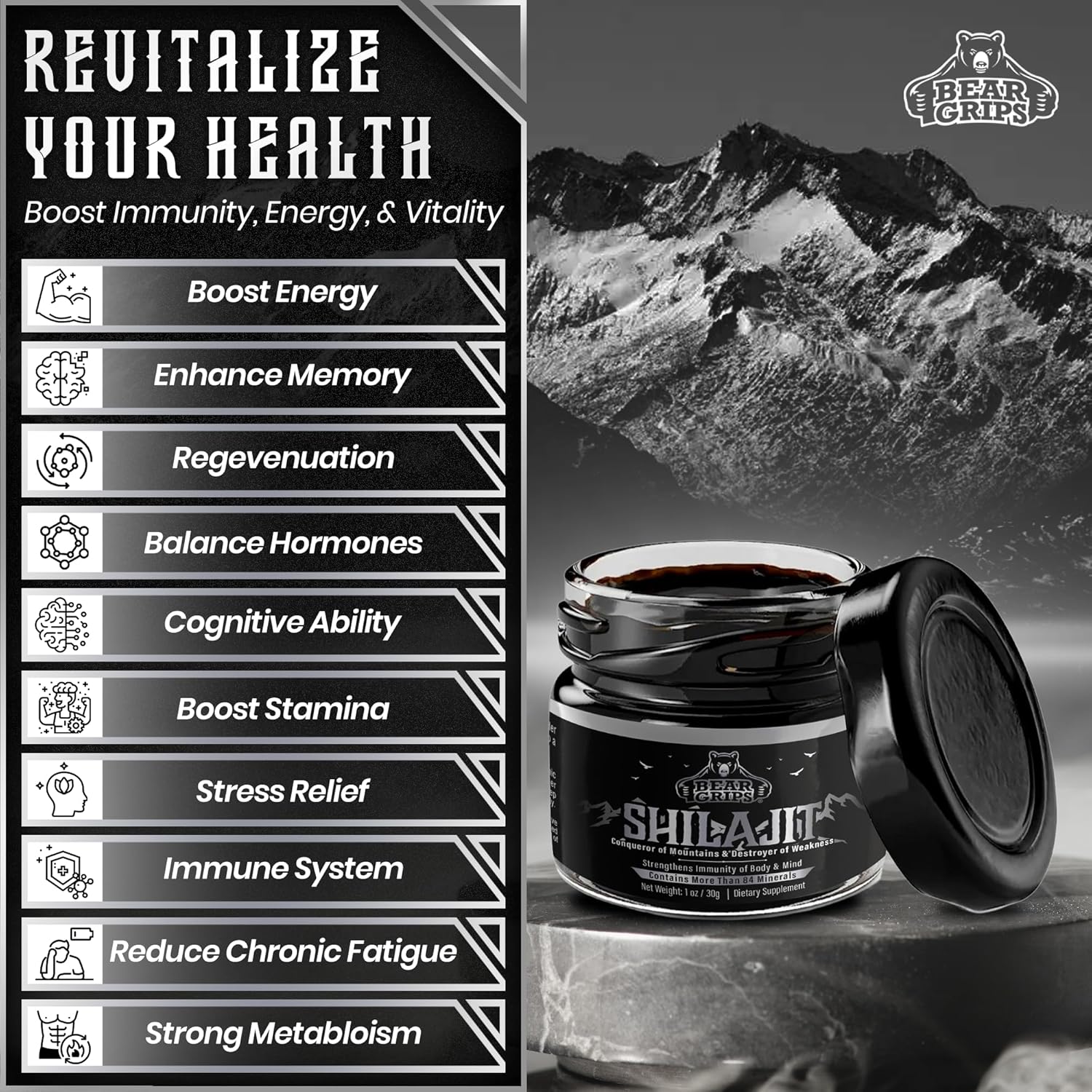 Organic Pure Himalayan Shilajit Supplement with 85+ Trace Minerals - 30g Resin for Men - Boost Metabolism and Immune System