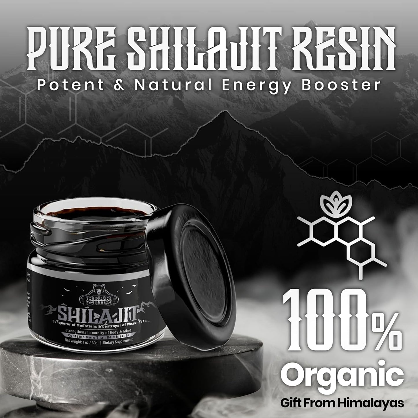 Organic Pure Himalayan Shilajit Supplement with 85+ Trace Minerals - 30g Resin for Men - Boost Metabolism and Immune System