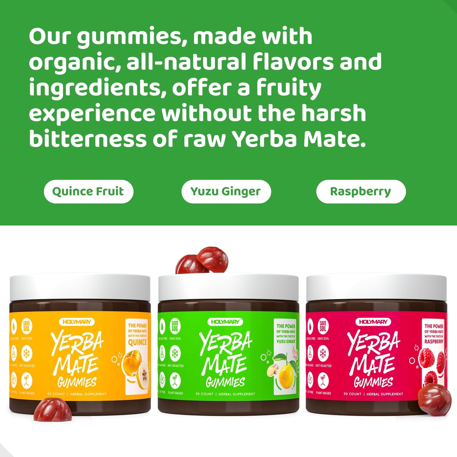 Organic Quince Yerba Mate Gummies - Caffeine-Free, Vegan, Non-GMO, Gluten-Free, Kosher. 50 Delicious Supplement Gummies.