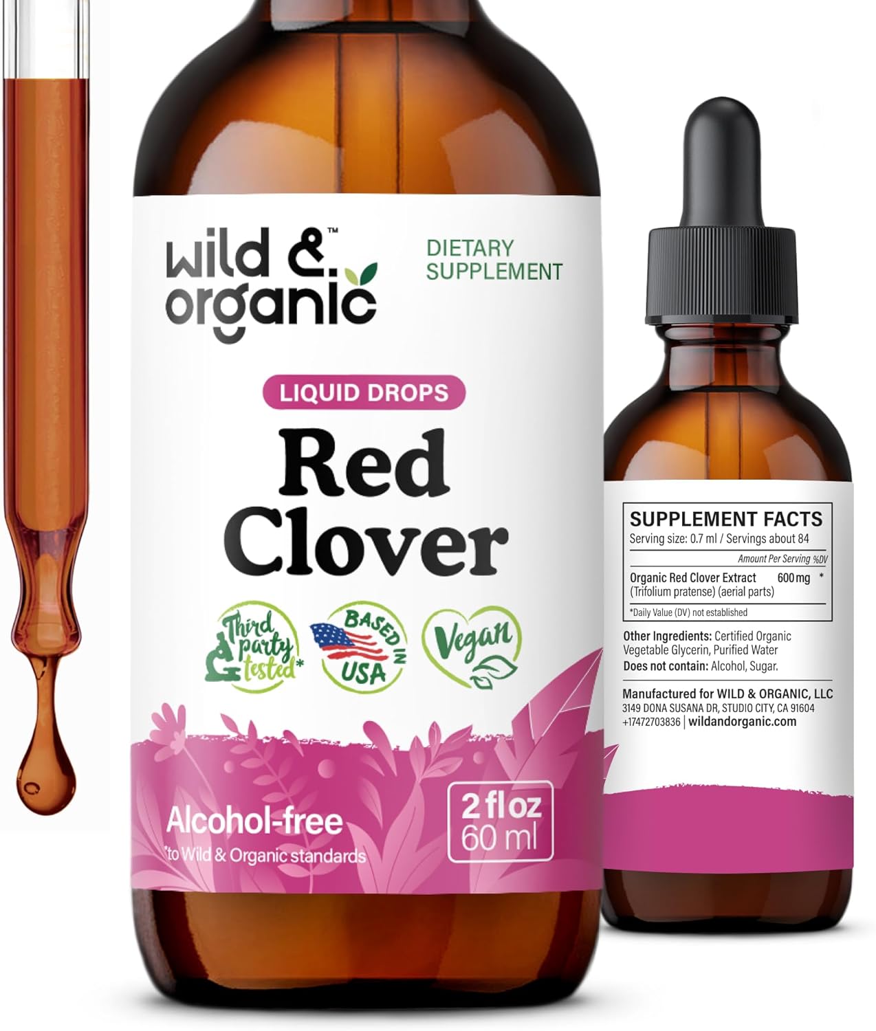 Organic Red Clover Extract Drops 600mg - Liquid Supplement for Women - 1-Month Supply - Vegan and Alcohol-Free - 2 fl oz