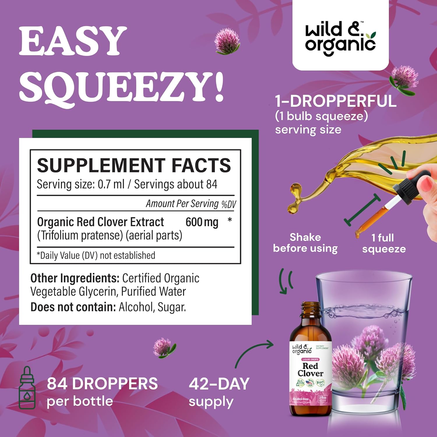 Organic Red Clover Extract Drops 600mg - Liquid Supplement for Women - 1-Month Supply - Vegan and Alcohol-Free - 2 fl oz
