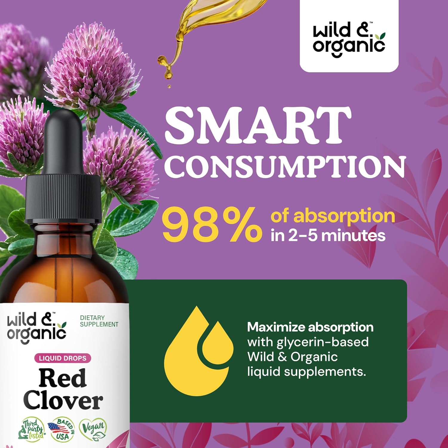 Organic Red Clover Extract Drops 600mg - Liquid Supplement for Women - 1-Month Supply - Vegan and Alcohol-Free - 2 fl oz