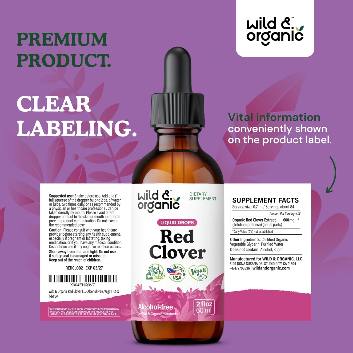 Organic Red Clover Extract Drops 600mg - Liquid Supplement for Women - 1-Month Supply - Vegan and Alcohol-Free - 2 fl oz