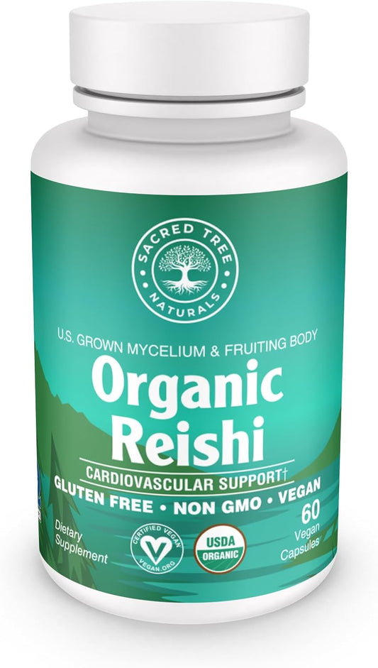 Organic Reishi Mushroom Capsules - Cardiovascular & Immune Support, Stress Relief, Heart Health - 60 Capsules