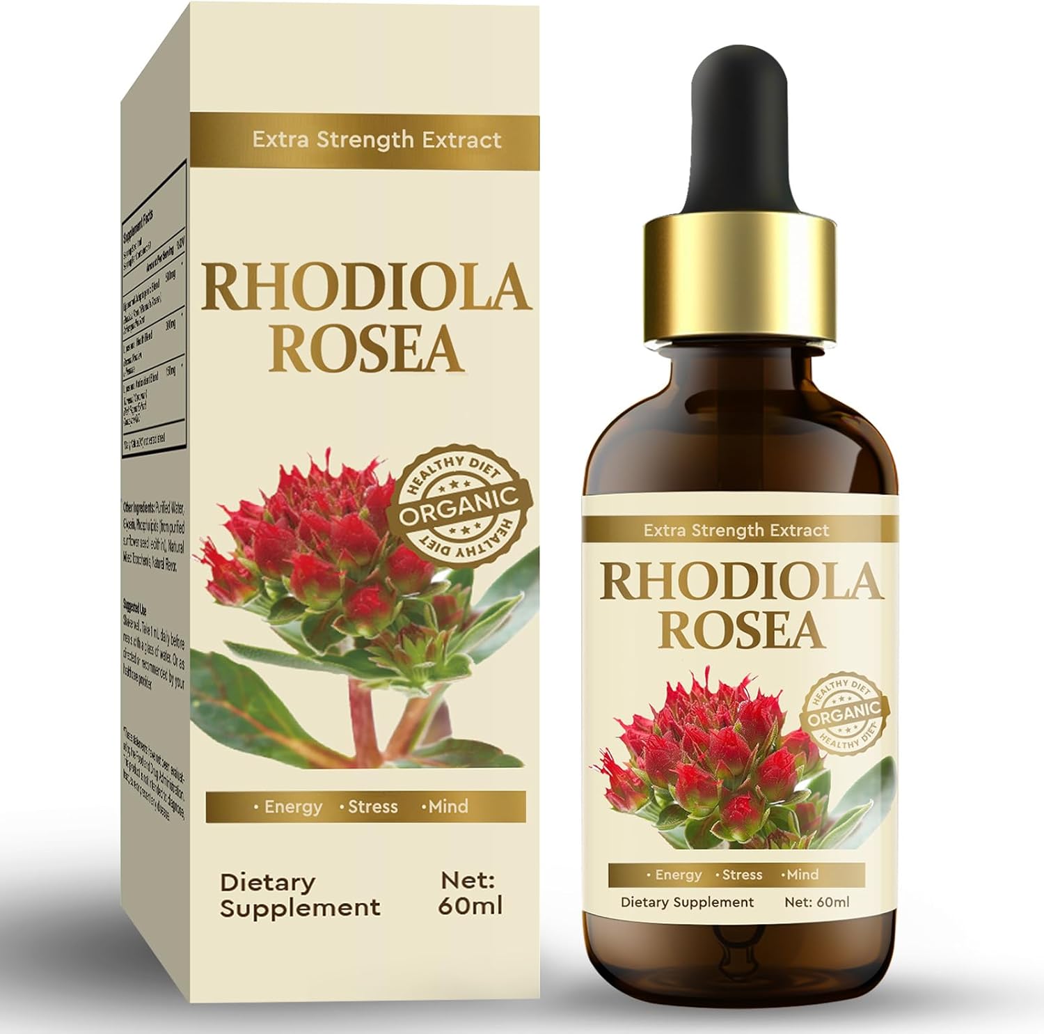 Organic Rhodiola Rosea Supplement for Mood Support, Relaxation & High Absorption - Vegan, 60 ml