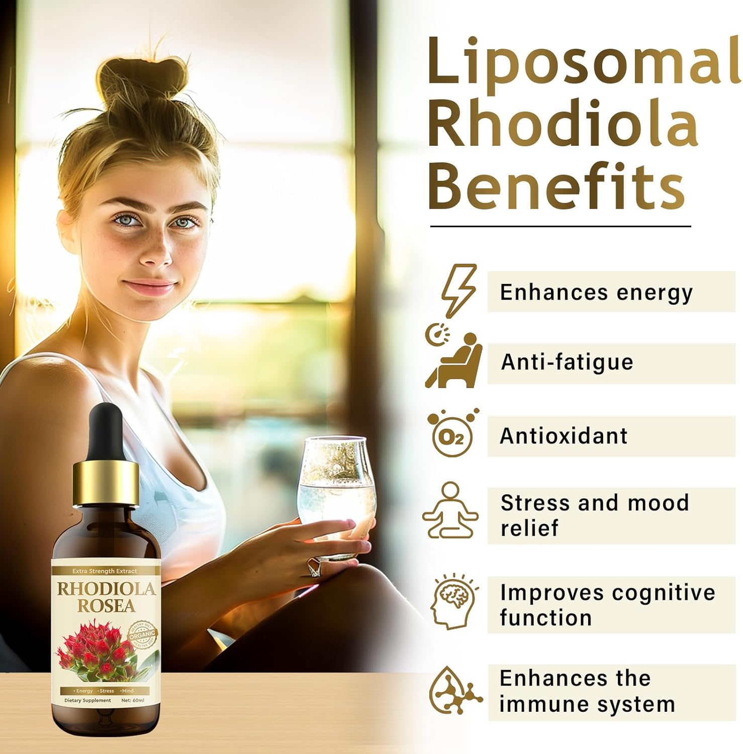 Organic Rhodiola Rosea Supplement for Mood Support, Relaxation & High Absorption - Vegan, 60 ml