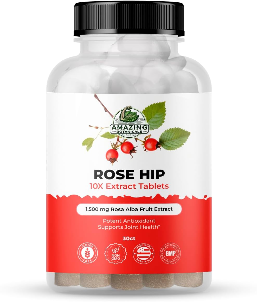 Organic Rose Hip 10X Extract Tablets - 30ct 1,500mg Joint Health Supplement - Natural Antioxidant Immune Support for Overall Wellbeing