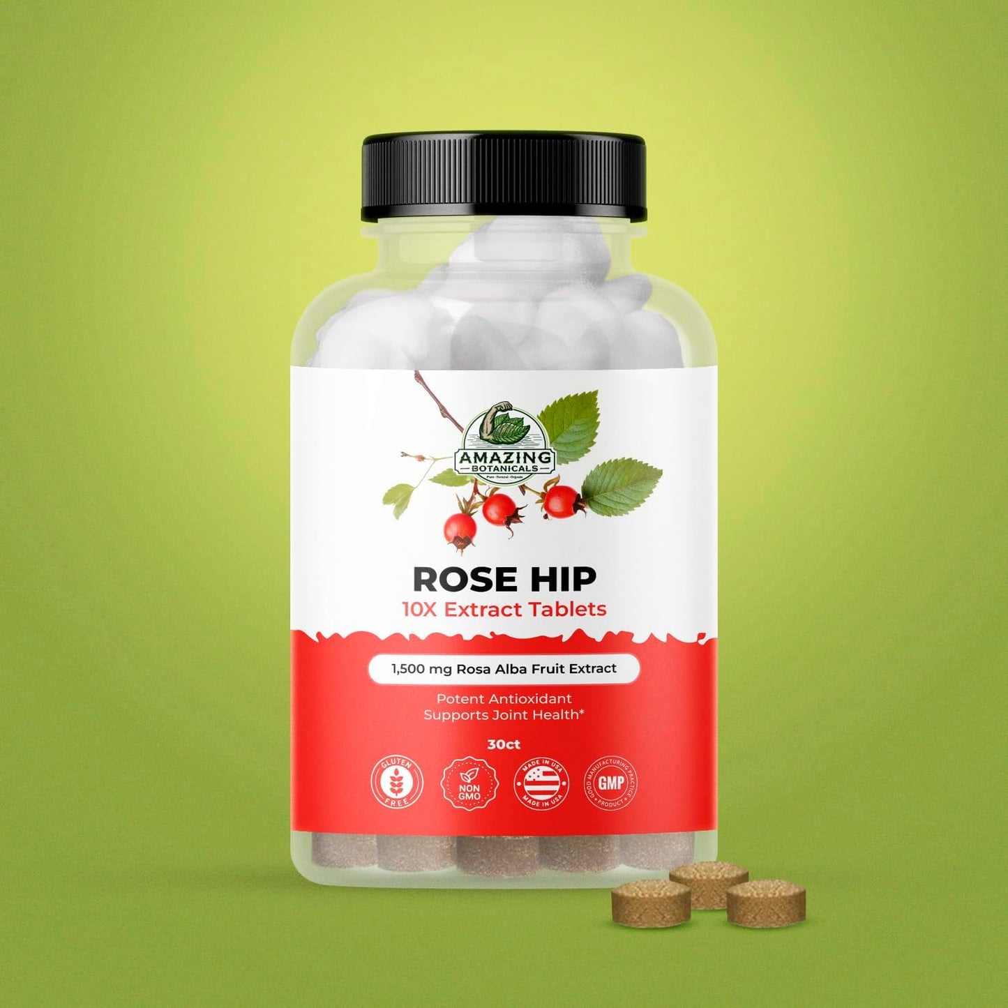 Organic Rose Hip 10X Extract Tablets - 30ct 1,500mg Joint Health Supplement - Natural Antioxidant Immune Support for Overall Wellbeing