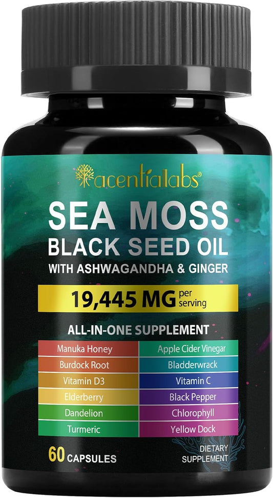 Organic Sea Moss and Black Seed Oil Capsules with Ashwagandha - 3000mg Sea Moss, 2000mg Black Seed Oil, 1000mg Ashwagandha - Wildcrafted and Raw Ingredients