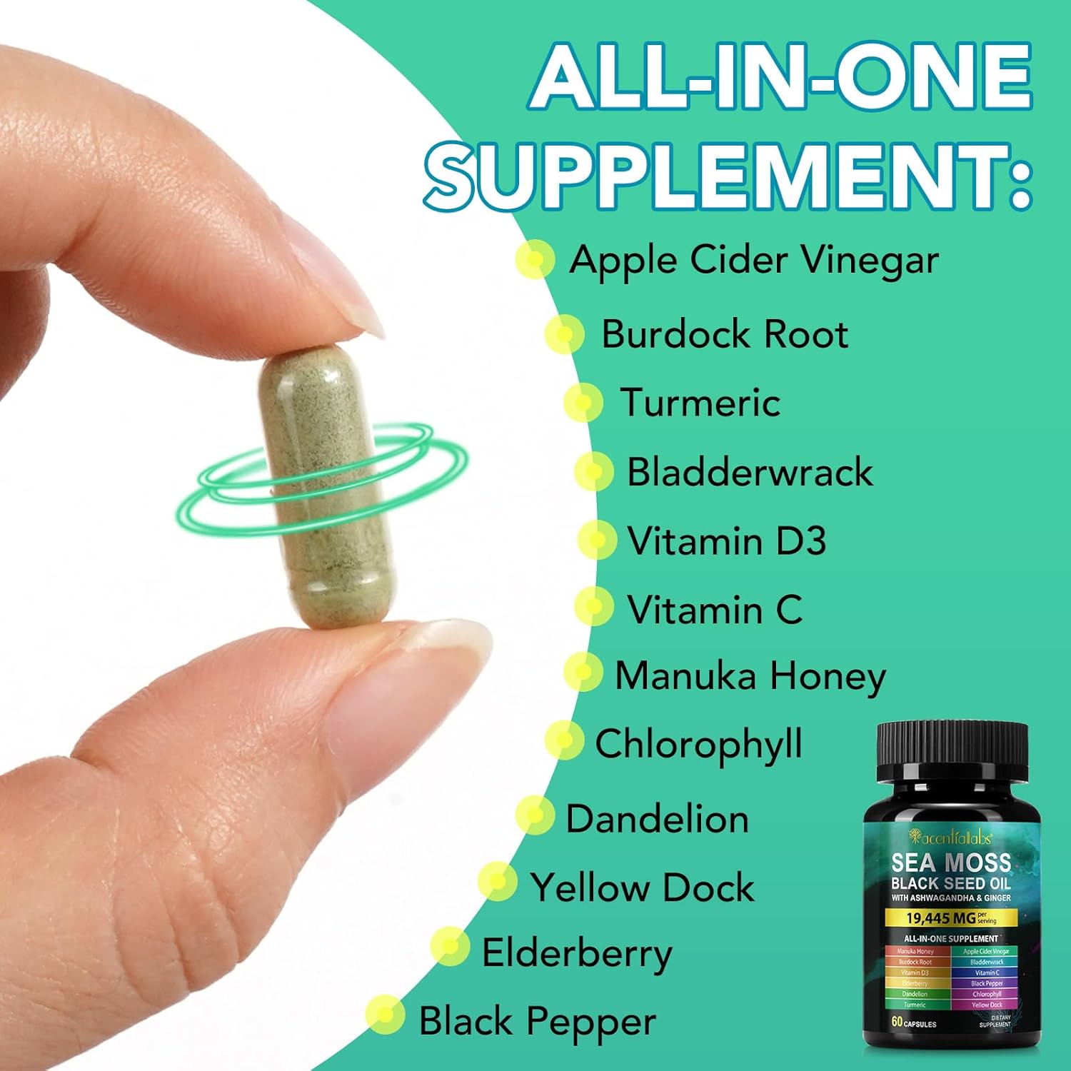 Organic Sea Moss and Black Seed Oil Capsules with Ashwagandha - 3000mg Sea Moss, 2000mg Black Seed Oil, 1000mg Ashwagandha - Wildcrafted and Raw Ingredients