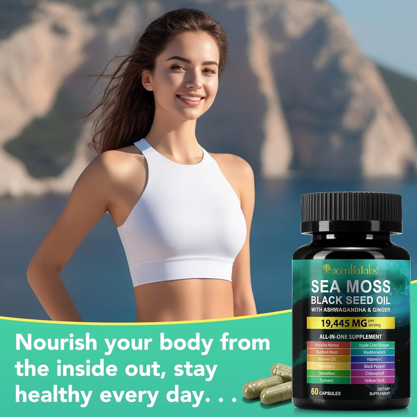 Organic Sea Moss and Black Seed Oil Capsules with Ashwagandha - 3000mg Sea Moss, 2000mg Black Seed Oil, 1000mg Ashwagandha - Wildcrafted and Raw Ingredients