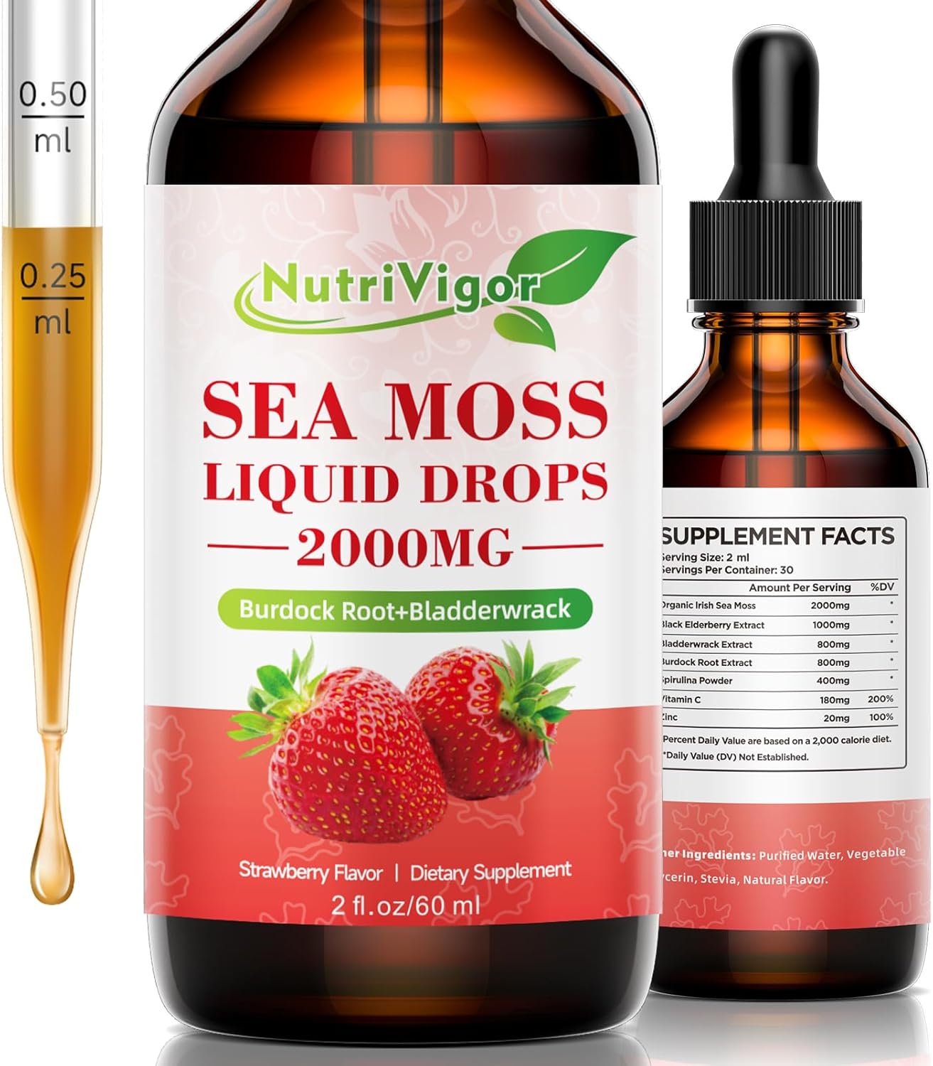 Organic Sea Moss Liquid Drops - 2000mg Supplement with Burdock Root & Bladderwrack for Immunity, Digestion, Joints, Thyroid - Strawberry Flavor - 2 Fl. Oz