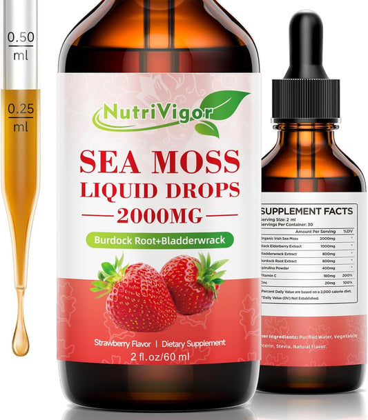 Organic Sea Moss Liquid Drops - 2000mg Supplement with Burdock Root & Bladderwrack for Immunity, Digestion, Joints, Thyroid - Strawberry Flavor - 2 Fl. Oz