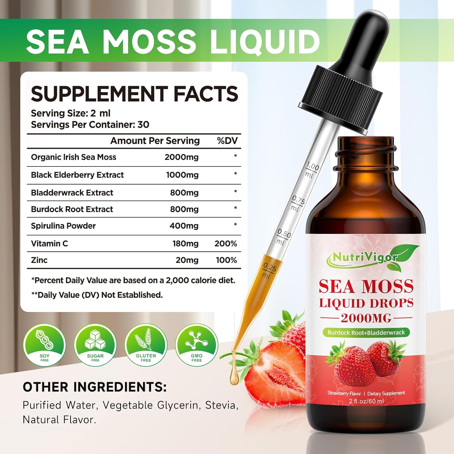 Organic Sea Moss Liquid Drops - 2000mg Supplement with Burdock Root & Bladderwrack for Immunity, Digestion, Joints, Thyroid - Strawberry Flavor - 2 Fl. Oz