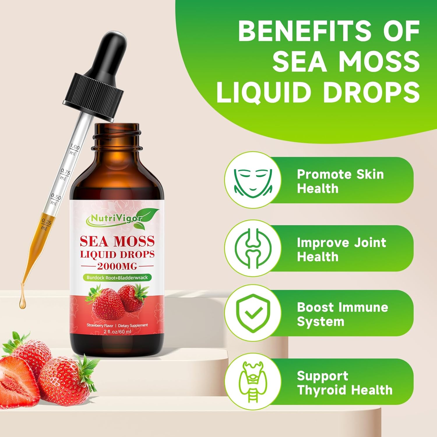 Organic Sea Moss Liquid Drops - 2000mg Supplement with Burdock Root & Bladderwrack for Immunity, Digestion, Joints, Thyroid - Strawberry Flavor - 2 Fl. Oz