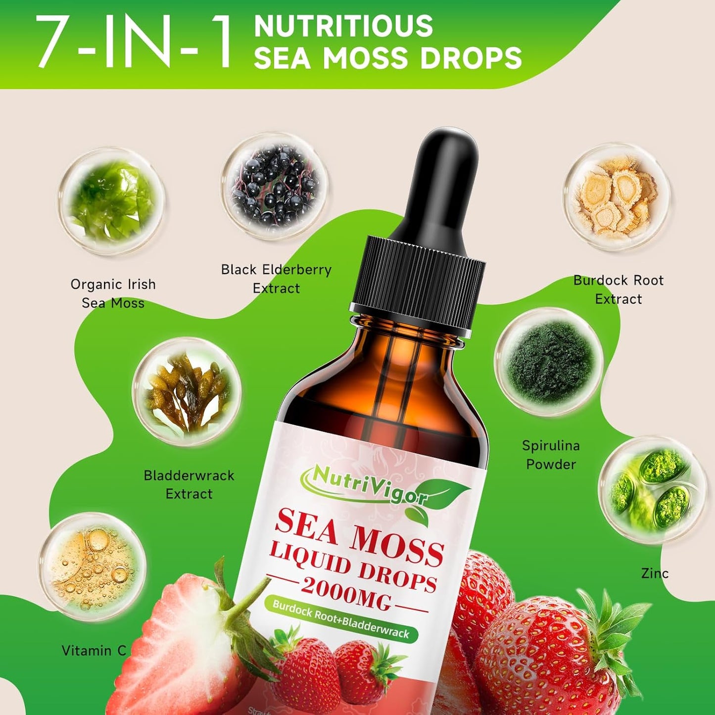 Organic Sea Moss Liquid Drops - 2000mg Supplement with Burdock Root & Bladderwrack for Immunity, Digestion, Joints, Thyroid - Strawberry Flavor - 2 Fl. Oz