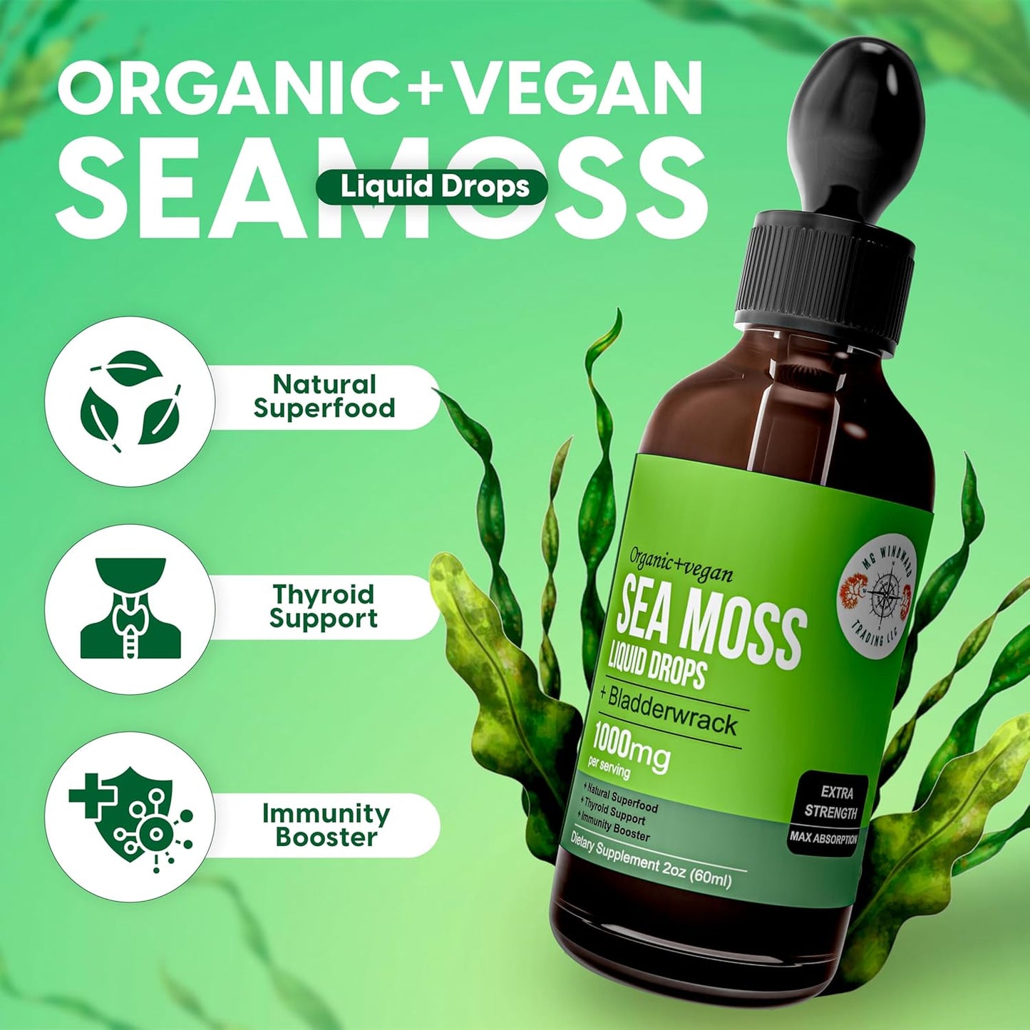 Organic Sea Moss Liquid Drops with Bladderwrack & Elderberry | 30,000 MG | 4X Strength | Health Supplement | 1 Bottle