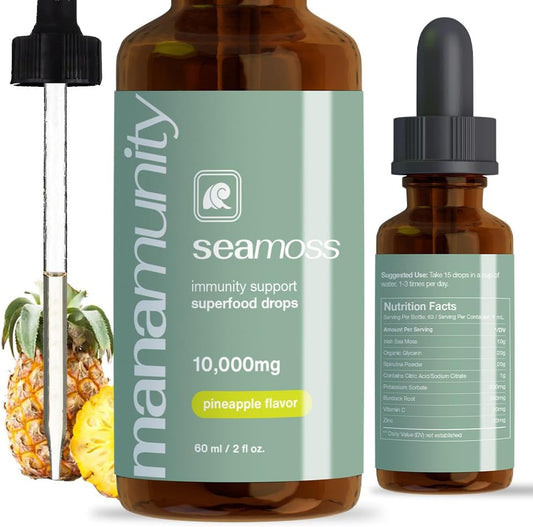 Organic Sea Moss Liquid Drops with Burdock Root & Spirulina for Immune, Joint, and Thyroid Support - Vegan (Pineapple)