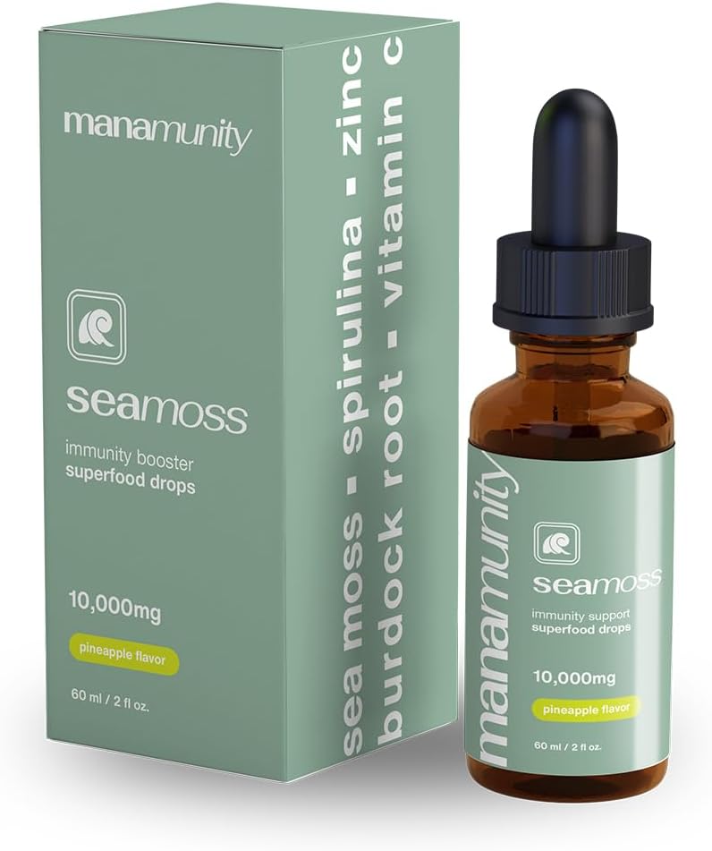 Organic Sea Moss Liquid Drops with Burdock Root & Spirulina for Immune, Joint, and Thyroid Support - Vegan (Pineapple)