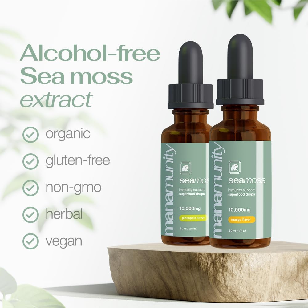 Organic Sea Moss Liquid Drops with Burdock Root & Spirulina for Immune, Joint, and Thyroid Support - Vegan (Pineapple)