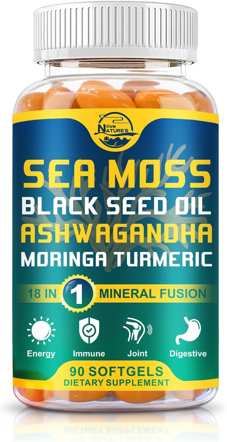 Organic Sea Moss Softgels with Black Seed Oil, Ashwagandha, Bladderwrack, Ginger, Burdock Root, Manuka Honey, Cinnamon - Immune System, Skin, Energy - 90 Softgels