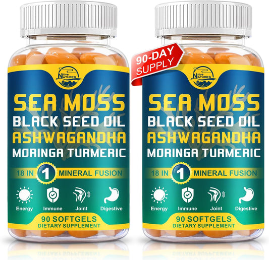 Organic Sea Moss Softgels with Black Seed Oil, Ashwagandha, Bladderwrack & More, 90 Softgels, 2 Pack for Immune System & Energy