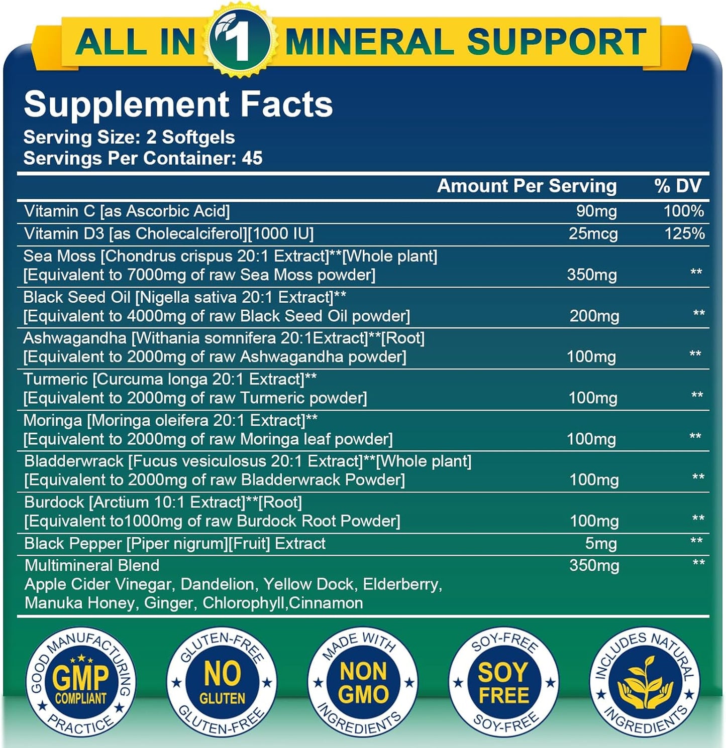 Organic Sea Moss Softgels with Black Seed Oil, Ashwagandha, Bladderwrack, Ginger, Burdock Root, Manuka Honey, Cinnamon - Immune System, Skin, Energy - 90 Softgels
