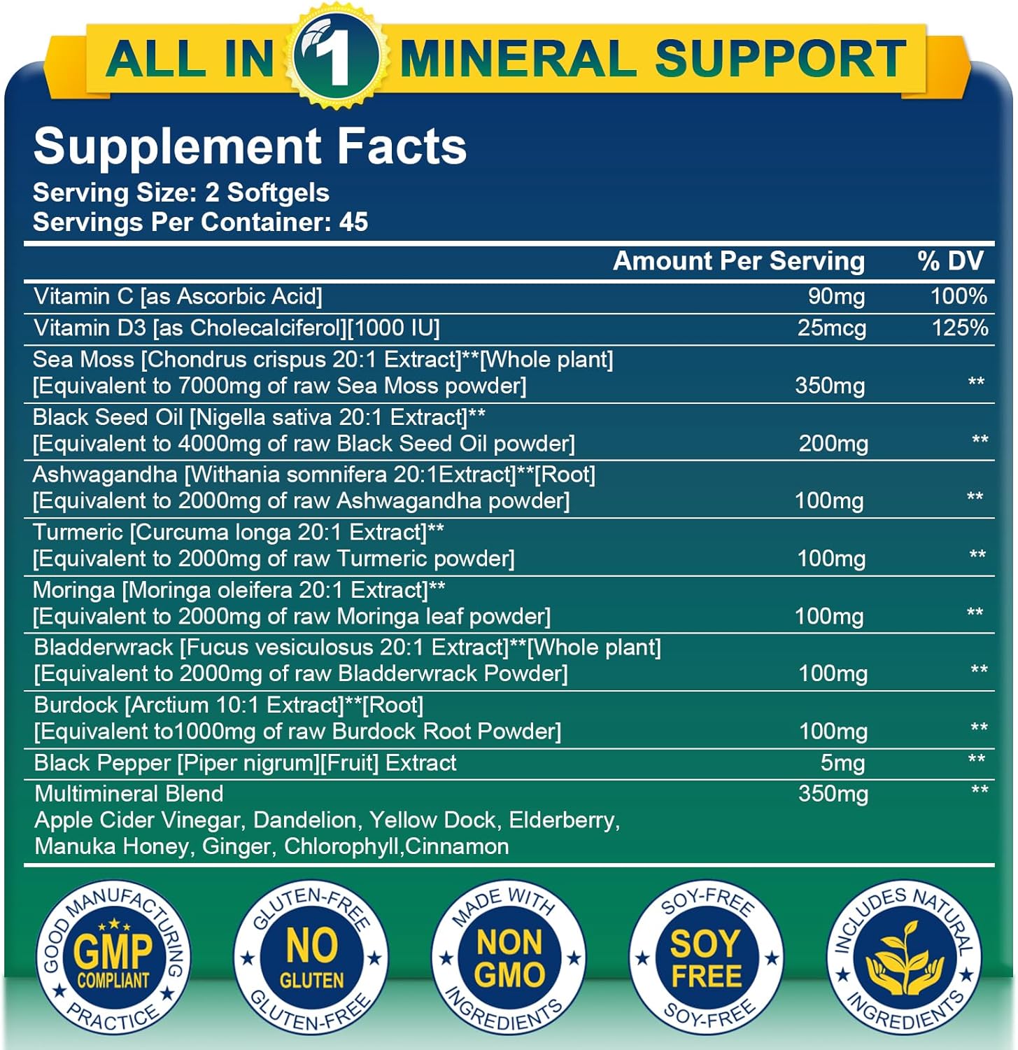 Organic Sea Moss Softgels with Black Seed Oil, Ashwagandha, Bladderwrack, Ginger, Burdock Root, Manuka Honey, Cinnamon - Immune System, Skin, Energy - 90 Softgels
