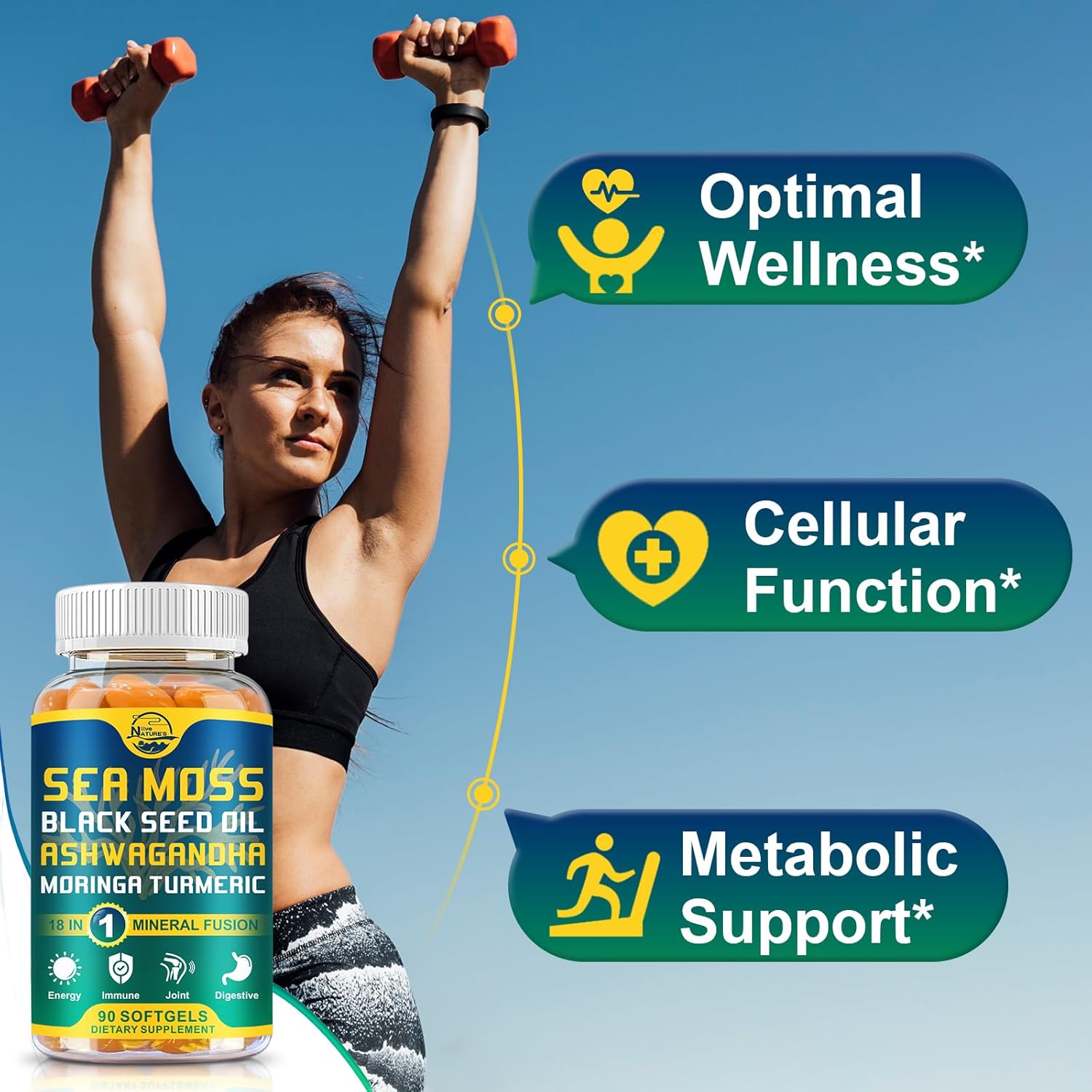 Organic Sea Moss Softgels with Black Seed Oil, Ashwagandha, Bladderwrack, Ginger, Burdock Root, Manuka Honey, Cinnamon - Immune System, Skin, Energy - 90 Softgels