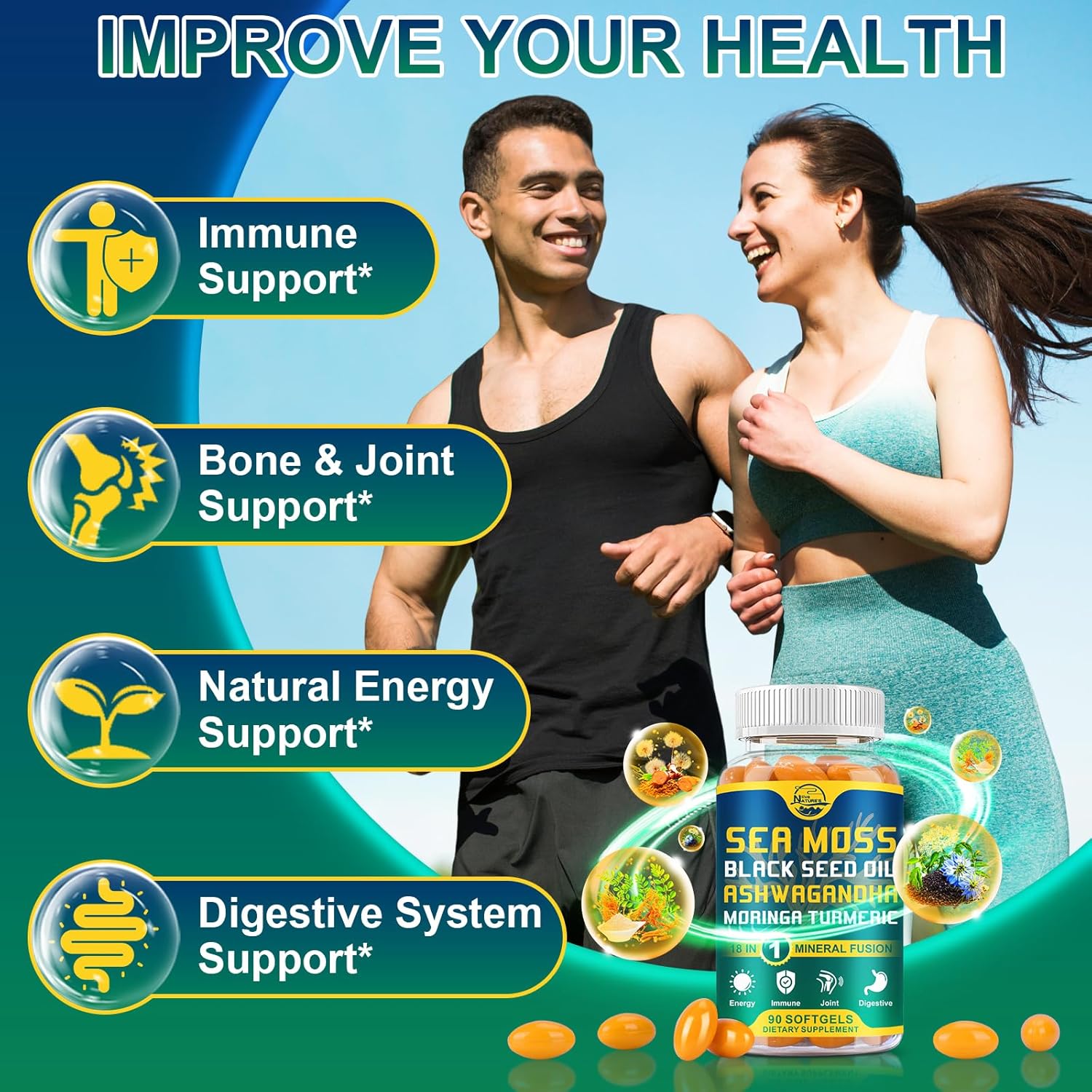 Organic Sea Moss Softgels with Black Seed Oil, Ashwagandha, Bladderwrack, Ginger, Burdock Root, Manuka Honey, Cinnamon - Immune System, Skin, Energy - 90 Softgels