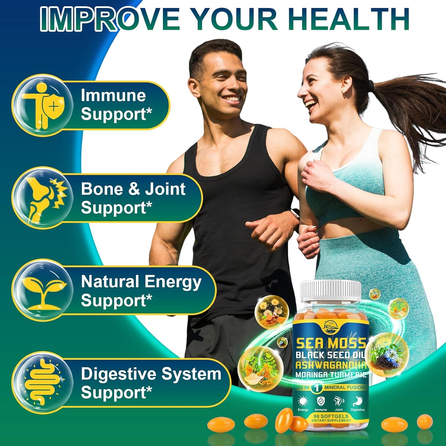 Organic Sea Moss Softgels with Black Seed Oil, Ashwagandha, Bladderwrack & More, 90 Softgels, 2 Pack for Immune System & Energy
