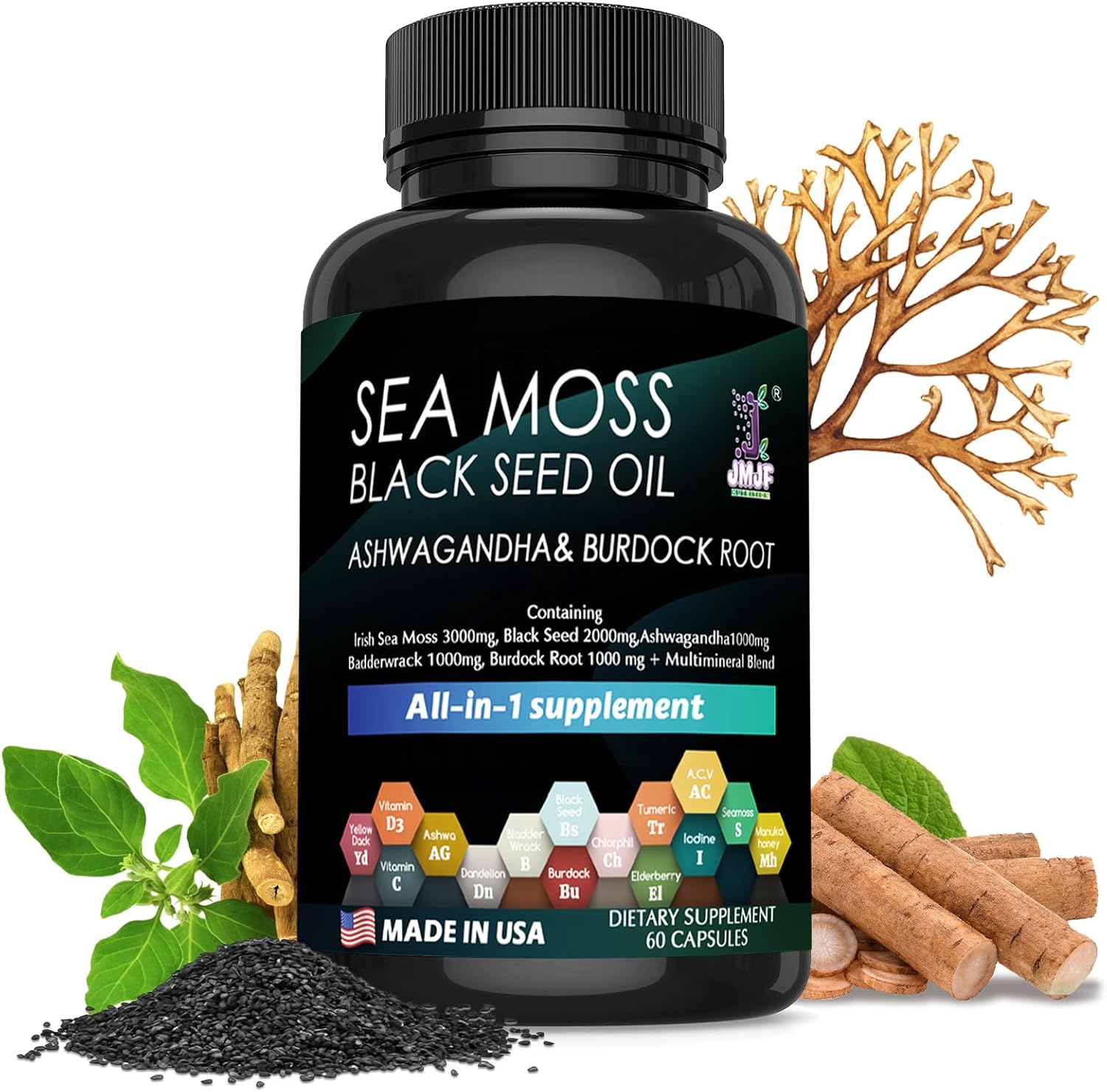 Organic Seaweed Capsules Supplement with Minerals and Burdock Root - Boost Immune System, Gut Health, Energy - JMJF 60 Count