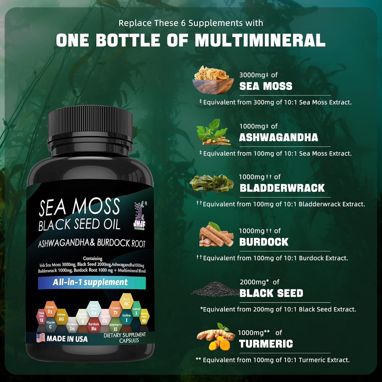 Organic Seaweed Capsules Supplement with Minerals and Burdock Root - Boost Immune System, Gut Health, Energy - JMJF 60 Count