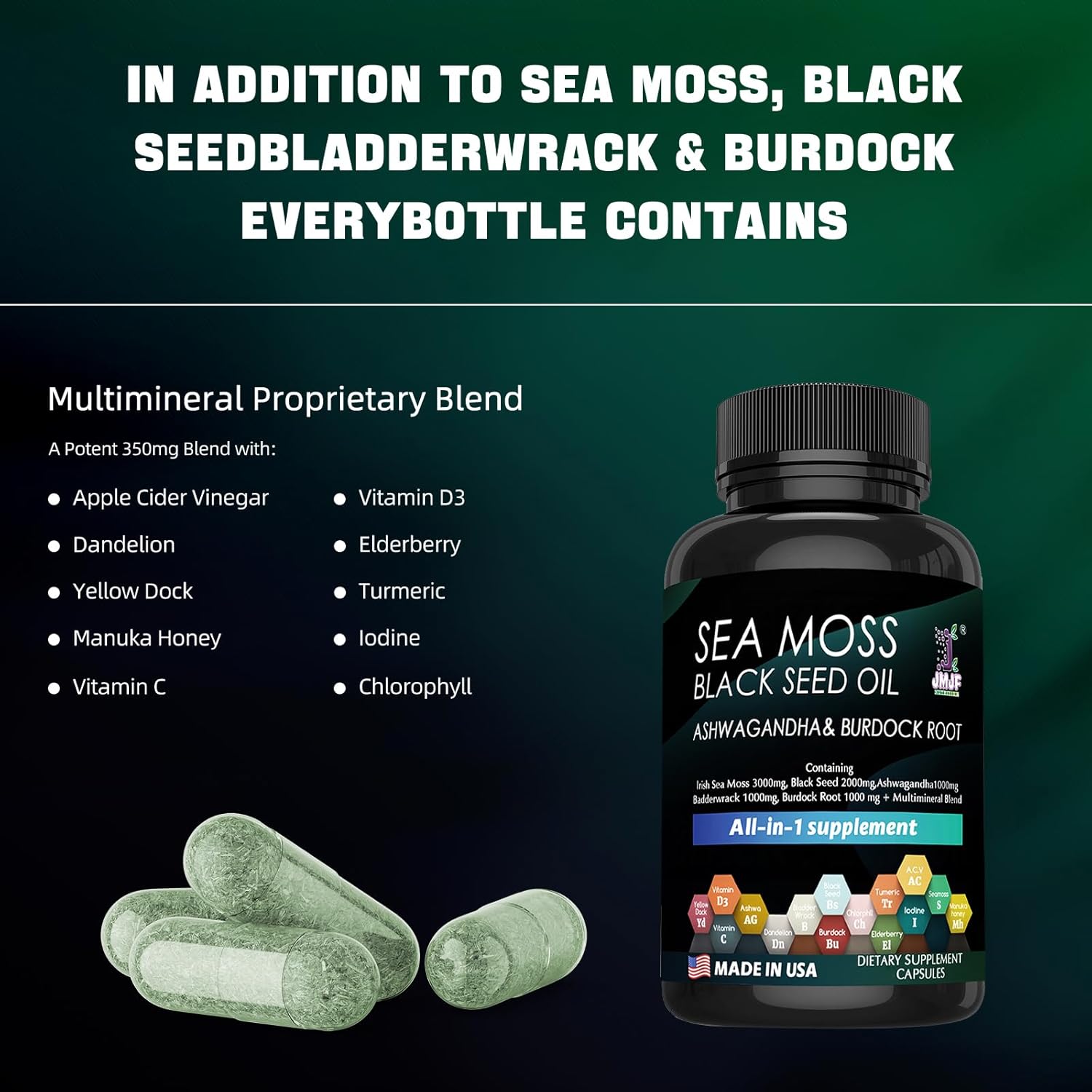 Organic Seaweed Capsules Supplement with Minerals and Burdock Root - Boost Immune System, Gut Health, Energy - JMJF 60 Count