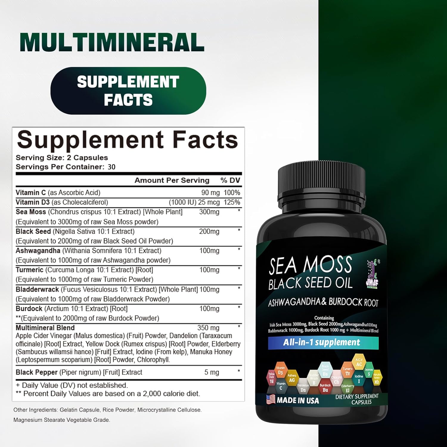 Organic Seaweed Capsules Supplement with Minerals and Burdock Root - Boost Immune System, Gut Health, Energy - JMJF 60 Count